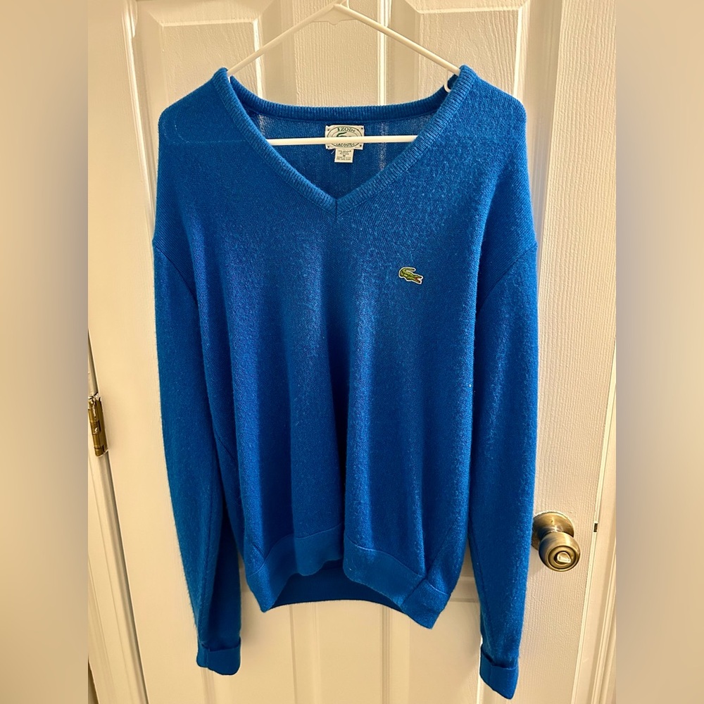 Vintage Lacoste Men's Blue V-Neck Sweater, Size Medium